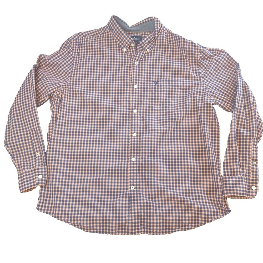 American Eagle Mens XXL Classic Fit Gingham Button Down Shirt Navy Orange Check